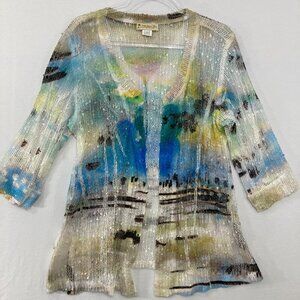 Impulse California Large Artsy Abstract Open 3/4 Light Knit Cardigan Coastal